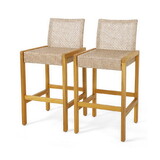 Costway 64735298 Set of 2 Rattan Patio Wood Barstools Dining Chairs with Backrest-Set of 2