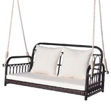 Costway 96371582 880LBS Wicker Hanging Porch Swing with Cushions-White