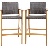 Costway 96241358 Set of 2 PE Wicker Patio Bar Chairs with Acacia Wood Armrests-Set of 2