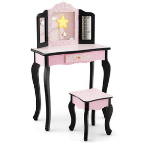 Costway 58930762 Kid Vanity Set with Tri-Folding Mirror and Leopard Print-Pink