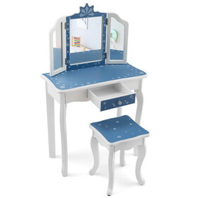 Costway Princess Vanity Table and Chair Set with Tri-Folding Mirror and Snowflake Print-Blue