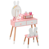 Costway 32076954 Kids Vanity Table and Chair Set with Drawer Shelf and Rabbit Mirror-White