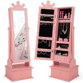 Costway 2-in-1 Kids Play Jewelry Armoire with Full Length Mirror and Drawers-Pink