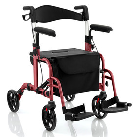 Costway 03782154 Folding Rollator Walker with Seat and Wheels Supports up to 300 lbs-Red