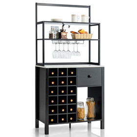 Costway 85092137 Kitchen Bakers Rack Freestanding Wine Rack Table with Glass Holder and Drawer-Black