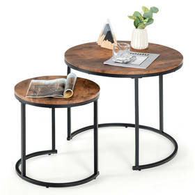 Costway 20861734 Set of 2 Modern Round Stacking Nesting Coffee Tables for Living Room-Rustic Brown