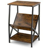 Costway 45362708 3-Tier Industrial Side Table with V-shaped Bookshelf for Living Room-Rustic Brown
