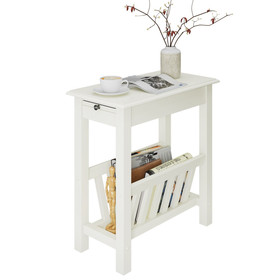 Costway 82613705 2-Tier End Table with Pull-out Tray and Solid Rubber Wood Legs-White