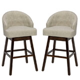 Costway Set of 2 Swivel Bar Stools with Rubber Wood Legs and Padded Back-Beige