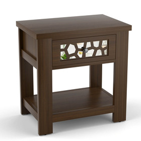 Costway 51847629 Wood Retro End Table with Mirrored Glass Drawer and Open Storage Shelf-Brown