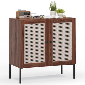 Costway 72389615 Kitchen Sideboard with 2 Rattan Doors and Adjustable Shelf-Walnut