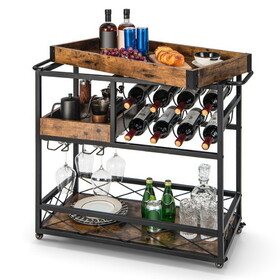 Costway 64813529 3-Tier Rolling Bar Cart with Removable Tray and Wine Rack-Rustic Brown