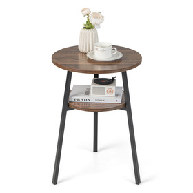 Costway 81659237 2-Tier Round End Table with Open Shelf and Triangular Metal Frame-Brown