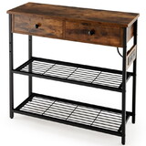 Costway Narrow Console Table with 2 Drawers and 2 Metal Mesh Shelves-Rustic Brown