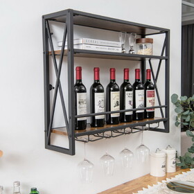 Costway 85712469 3-Tiers Industrial Wall Mounted Wine Rack with Glass Holder and Metal Frame