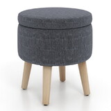 Costway Round Storage Ottoman with Rubber Wood Legs and Adjustable Foot Pads-Beige