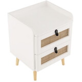 Costway 96123478 Modern End Table Bedside Table with 2 Rattan Decorated Drawers-White