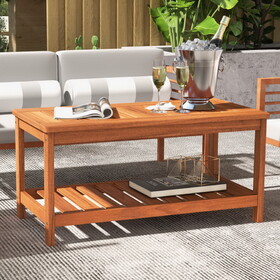 Costway 65248739 2-Tier Patio Coffee Table with Slatted Tabletop and Shelf
