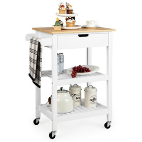 Costway 23451986 3-Tier Kitchen Island Cart Rolling Service Trolley with Bamboo Top-White