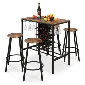 Costway 59714236 5 Pieces Bar Table and Stools Set with Wine Rack and Glass Holder-Rustic Brown