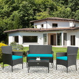 Costway 98324156 4 Pcs Patio Rattan Cushioned Sofa Furniture Set with Tempered Glass Coffee Table-Turquoise