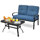 Costway 46528701 2 Pieces Patio Loveseat Bench Table Furniture Set with Cushioned Chair-Blue