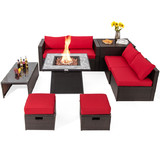 Costway 69853142 9 Pieces Patio PE Wicker Sectional Set with 50000 BTU Fire Pit Table-Red