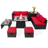 Costway 95314267 9 Pieces Outdoor Wicker Sectional with 35 Inch Gas Fire Pit Table-Red