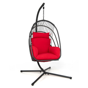 Costway 29568407 Hanging Folding Egg Chair with Stand Soft Cushion Pillow Swing Hammock-Red