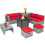 Costway 73621895 9 Pieces Outdoor Patio Furniture Set with 32-Inch Propane Fire Pit Table-Red