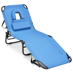 Costway 91782543 Beach Chaise Lounge Chair with Face Hole and Removable Pillow-Blue