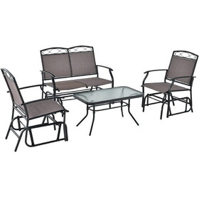 Costway 25386741 4 Piece Patio Glider Conversation Set with Tempered Glass Table Top-Brown