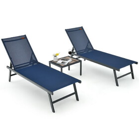 Costway 3 Pieces Patio Chaise Lounge Chair and Table Set for Poolside Yard-Navy
