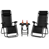 Costway 19632874 3 Pieces Folding Portable Zero Gravity Reclining Lounge Chairs Table Set-Black