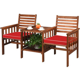 Costway 18590634 3 pcs Outdoor Patio Table Chairs Set Acacia Wood Loveseat-Red
