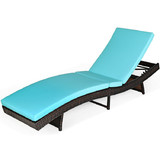 Costway 28561904 Patio Folding Adjustable Rattan Chaise Lounge Chair with Cushion-Turquoise