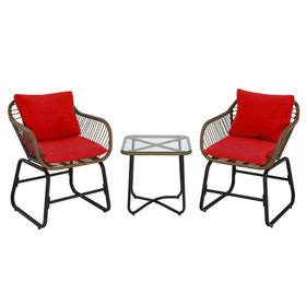 Costway 73690852 3 Pieces Patio Rattan Bistro Set Cushioned Chair Glass Table Deck-Red