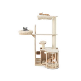 Costway 32475891 55 Inch Tall Multi-Level Cat Tree with Washable Removable Cushions-Natural