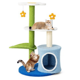 Costway 43628591 34.5 Inch 4-Tier Cute Cat Tree with Jingling Balls and Condo-Blue