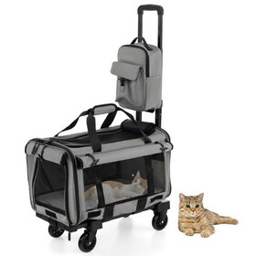 Costway 25964873 Rolling Cat Carrier with Dual-use Pads and Litter Bag-Gray