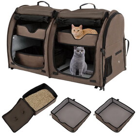 Costway Double Compartment Pet Carrier with 2 Removable Hammocks-Brown