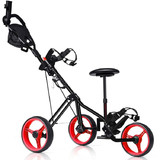 Costway 14670593 Foldable 3 Wheels Push Pull Golf Trolley with Scoreboard Bag-Red