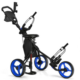 Costway 41875930 3 Wheels Folding Golf Push Cart with Seat Scoreboard and Adjustable Handle-Blue