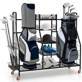 Costway 31729846 Double Golf Bag Rack with Removable Golf Club Stand and Wheels-Black