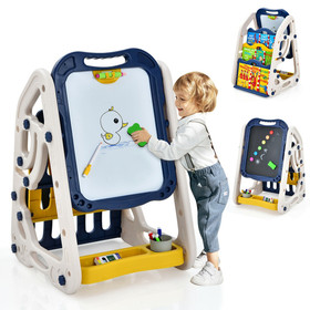 Costway 37259864 3-in-1 Kids Art Easel Double-Sided Tabletop Easel with Art Accessories-Blue
