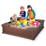 Costway Kids Outdoor Sandbox with Oxford Cover and 4 Corner Seats-Brown