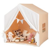 Costway Kid's Play Tent with Washable Cotton Mat and Flag Banner-Light Brown