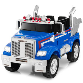 Costway 56973418 12V Licensed Freightliner Kids Ride On Truck Car with Dump Box and Lights -Blue