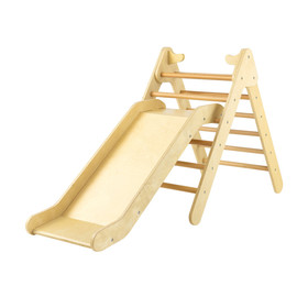 Costway 64713289 2-in-1 Wooden Triangle Climber Set with Gradient Adjustable Slide-Natural