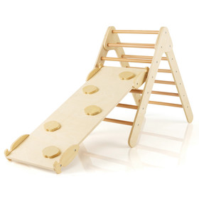 Costway 89574163 3-in-1 Wooden Climbing Triangle Set Triangle Climber with Ramp-Natural